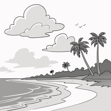 Grey Scale Beach Scene Cloudy Sky Palm Trees Ocean Waves Sandy Shore Simple Line Art Illustration vector