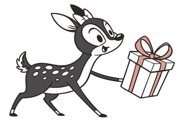 Cute fawn with white spots joyfully carries a lovely wrapped present onward