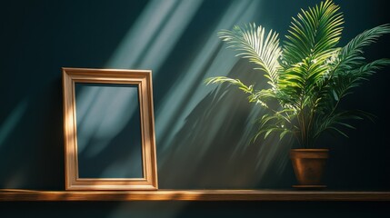 Empty framed art on shelf, sunbeams