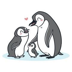 Cute Penguin Family with Blush and Heart Vector,
Loving Parents and Baby Penguin Cartoon Graphic