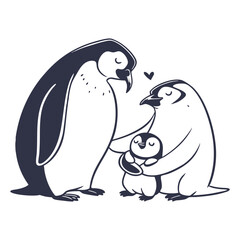 Adorable Penguin Family Vector Illustration, Mother and Father Penguins with Baby Chick Graphic