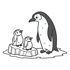 Cartoon Penguin Family on Iceberg Vector,
Antarctic Birds - Parent Penguin and Two Chicks Graphic