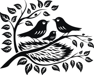 Birds Nesting on Branch Silhouette Vector Illustration

