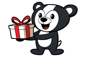 Smiling cartoon panda is happily presenting a wrapped present with a bright red bow