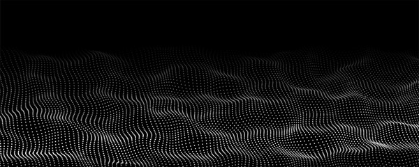 Wave of flowing particles on a dark background. Abstract backdrop with dynamic elements of waves and dots. Vector
