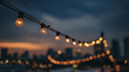 String of lights illuminates urban skyline at dusk with bokeh effect - Powered by Adobe