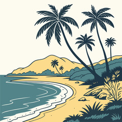 Tropical Beach Scene Palm Trees Ocean Yellow Sand Teal Water Coastal Landscape Illustration waves