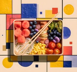 Stylized top-down image of a colorful bento box filled with healthy and vibrant foods such as watermelon, grapes, corn, tomatoes, noodles, sausages, and salad, arranged on a geometric background/