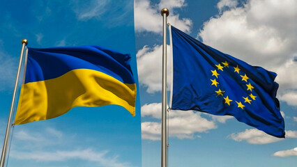 Flags of Ukraine and European Union Waving Against Blue Sky