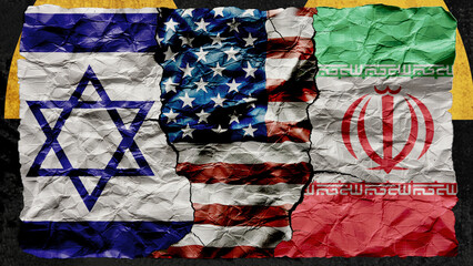 Flags of the USA, Israel and Iran on a cracked paper surface. Political conflict between Israel, Iran and the United States. Economy, war crisis. © sauloangelo
