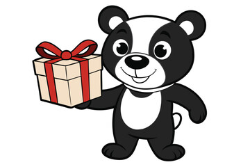 Joyful cartoon bear presents a gift wrapped with a bright red ribbon and bow