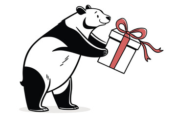 Smiling panda happily delivers a white gift adorned with a red ribbon and bow