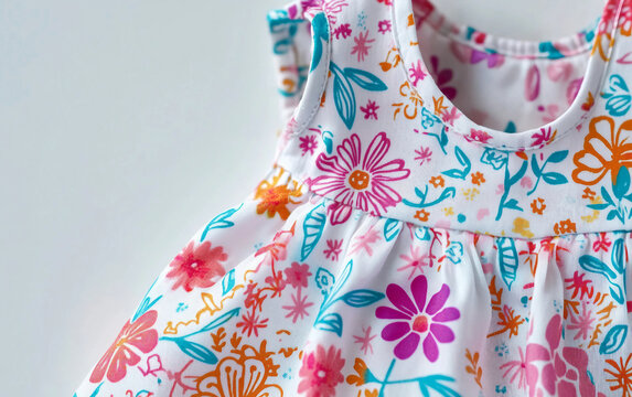 Detailed close-up of a playful sundress with a floral print, showcasing colorful and lively designs. Generative AI.