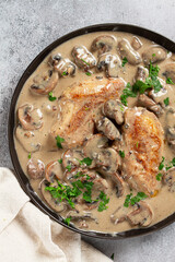 chicken in cream sauce with mushrooms, on a black plate, no people