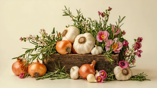 Basket with garlic and onions surrounded by flowers. Natural still life emphasizing rustic charm and traditional harvest. Garlic and onions add flavor, freshness, and seasonal authenticity.