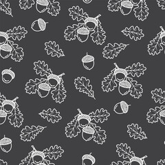 Graphic oak branсhes seamless pattern. Linear art botanical design with acorns and leaves for printing on fabric and paper. White outline on grey background. Vector natural wallpaper, cover, textile.