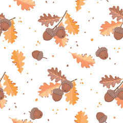 Autumn seamless pattern with oak branches. Cartoon twig with leaves and acorns. Yellow and brown colors on white background. Botanical print on fabric and paper. Vector design for textile, wallpaper.