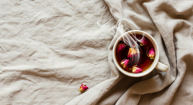 Steaming Rose Buds Tea on Beige Linen in Boho, Romantic Flat Lay Style