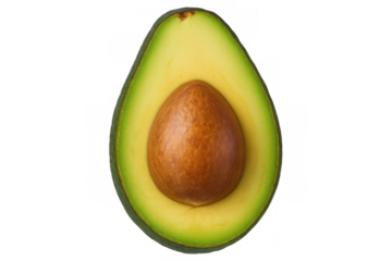Halved ripe avocado revealing seed, transparent background, highlighting nutritional value and plant-based eating