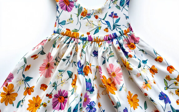Close-up shot of a playful floral print sundress featuring vibrant blooms and intricate patterns. Generative AI.