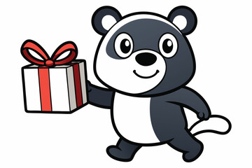 Joyful cartoon skunk merrily carries white gift box adorned with a red ribbon design