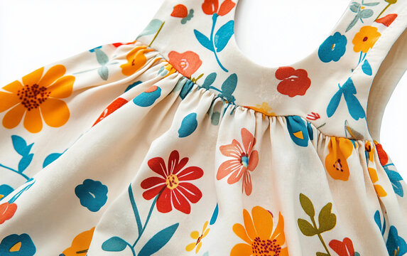 Close-up view of a cheerful floral print sundress with vibrant colors and whimsical flower designs. Generative AI.
