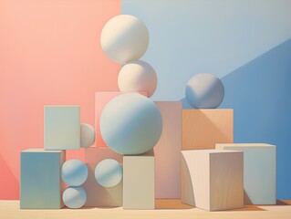 Artistic still life of spheres and cubes against colorful backdrop
