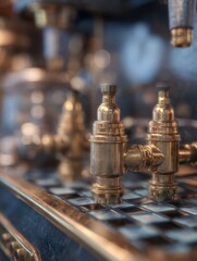 Closeup of brass steam valves on antique espresso machine, with soft focus background
