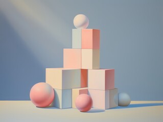 Colorful blocks stacked into a tower-like structure, topped with spheres in soft pink and light blue, against a white background