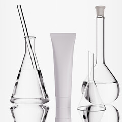 Chemistry lab glassware 3d rendering background. Beauty product exhibition template