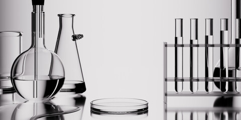 Scientific research background. Chemistry glassware on table. 3d rendering laboratory glass equipment