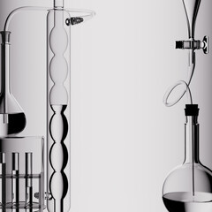 Scientific research background. Chemistry glassware. 3d rendering laboratory glass equipment