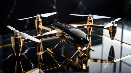 UAV staged on a glass platform with gold accents, black marble background, luxury tech campaign, highlighting premium drone design and exclusive style.