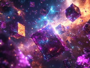 Vibrant cosmic space with floating cubes and colorful nebula