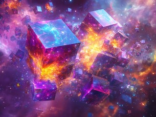 Stunning 3D art of colorful cubes floating in vibrant nebula space