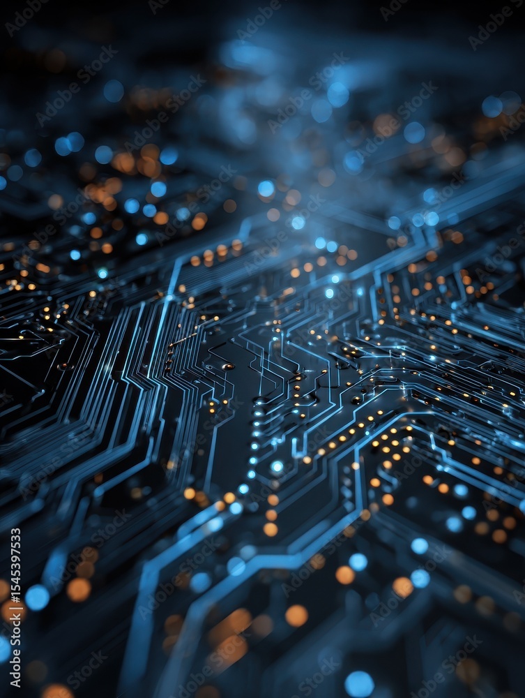 Poster abstract digital circuit board on blue tech background. circuit connected lines and dots on motherbo