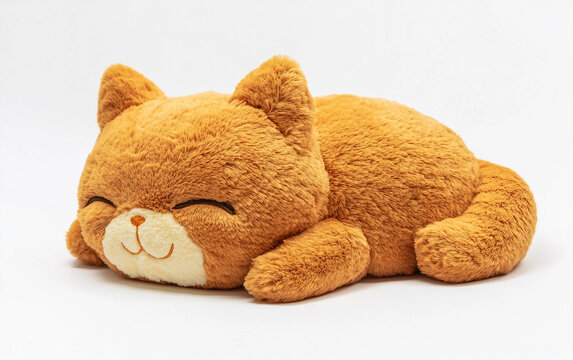 Close-up shot of a plush cat toy curled up for a cozy and peaceful nap, with soft fur and relaxed posture. Generative AI.
