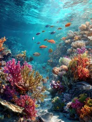 Naklejka premium Underwater with colorful sea life fishes and plant at seabed background, Colorful Coral reef landscape in the deep of ocean. Marine life concept, Underwater world scene.
