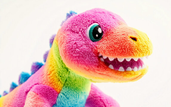 Close-up shot of a plush dinosaur toy featuring soft fabric and detailed, vibrant design perfect for kids. Generative AI.