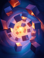 'Electric cubes floating around glowing center of abstract, colorful background'