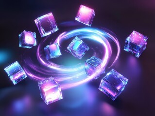 Vivid, colorful cubes arranged in circular patterns against a purple backdrop