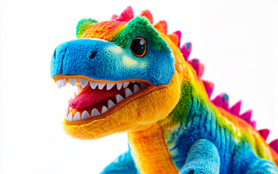 Detailed close-up of a plush dinosaur toy with soft, cuddly texture and bright, fun colors for playtime. Generative AI.