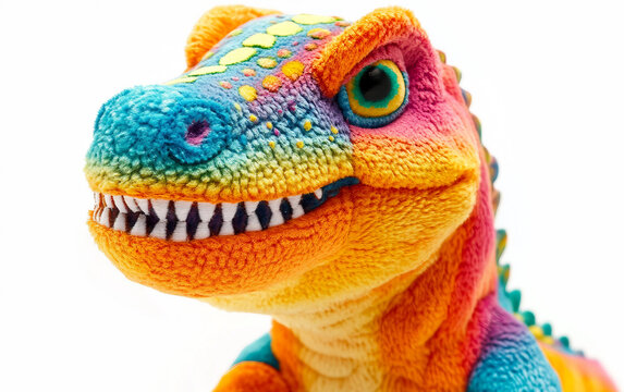 Stunning close-up of a plush dinosaur toy showcasing vibrant details and soft, huggable texture. Generative AI.