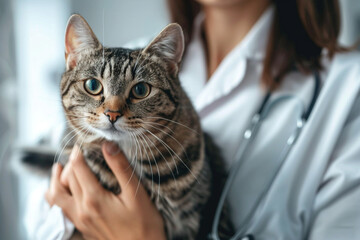 Close-up of a tabby cat in the arms of a veterinarian wearing a white coat and stethoscope at a veterinary clinic.