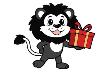 Cartoonish black lion holding a red and yellow present box with a red bow smiles