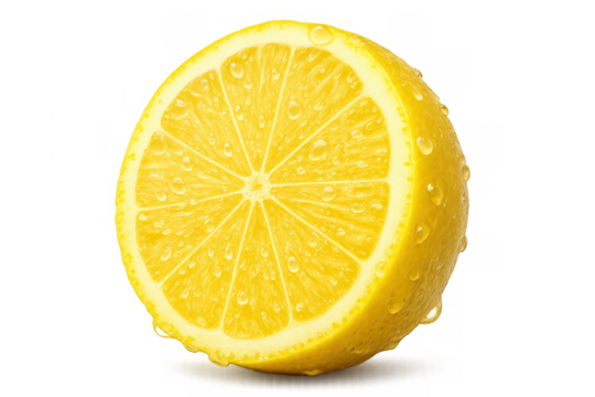 Vibrant lemon half glistening with fresh water droplets, isolated on transparent backdrop, ideal for culinary imagery