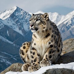 Fototapeta premium snow leopard portrait. Snow leopard sitting silently on rocky cliff, surrounded by snowy mountains, looking fierce, majestic, and regal