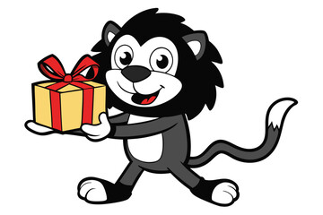 Smiling cartoon lion walking with holiday present is expressing happiness joyfully for everyone