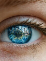 Woman eye reflecting social media pictures