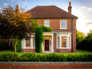 Traditional brick house with a beautiful lawn in England.
